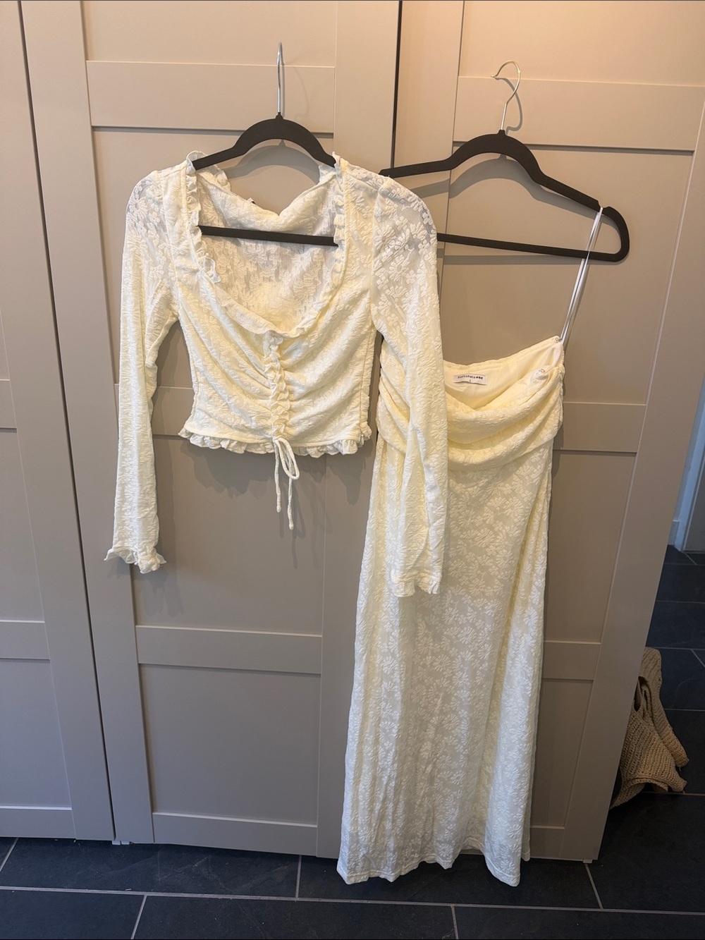 Ivory Lace Long-Sleeve Crop Top & Slip Skirt Set